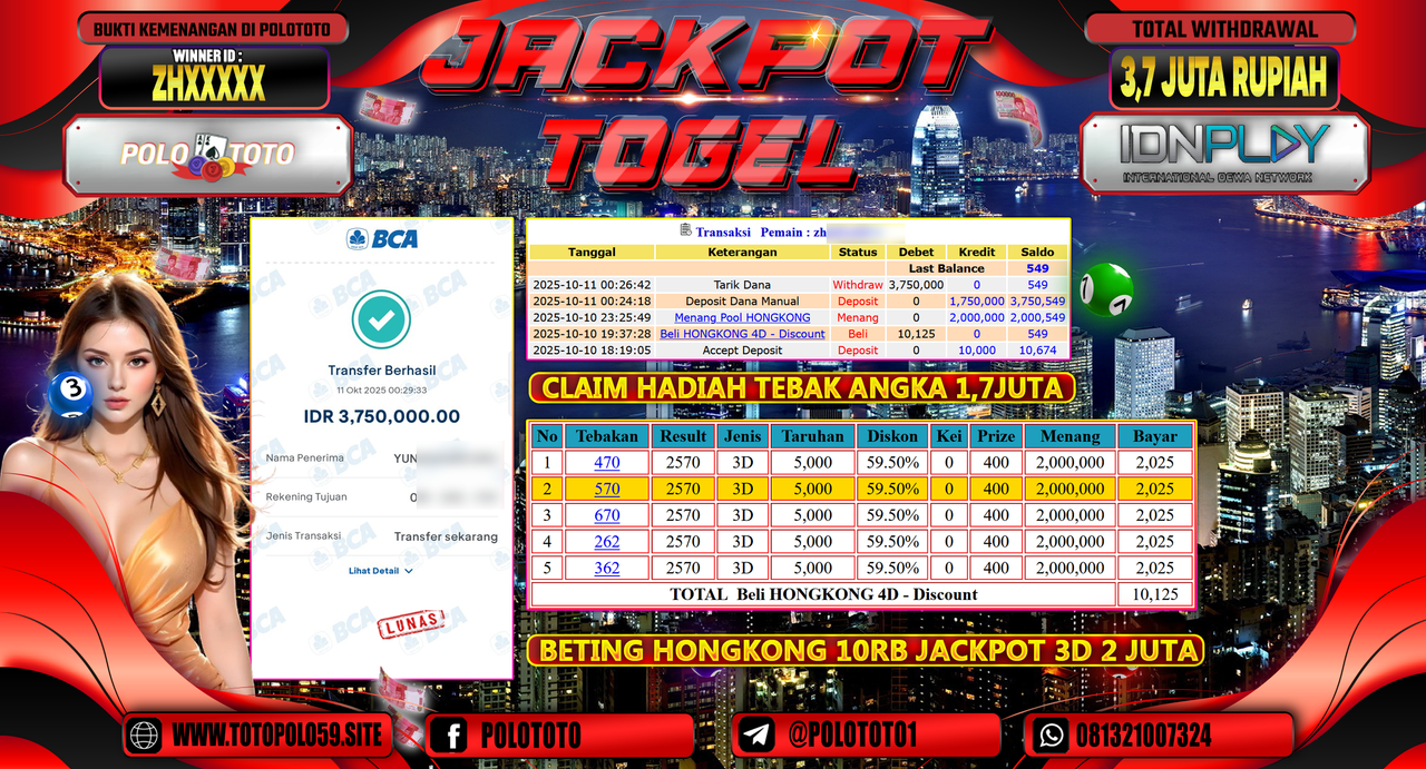 POLOTOTO JACKPOT TOGEL HONGKONG LOTTO Rp.3.700.000,- LUNAS