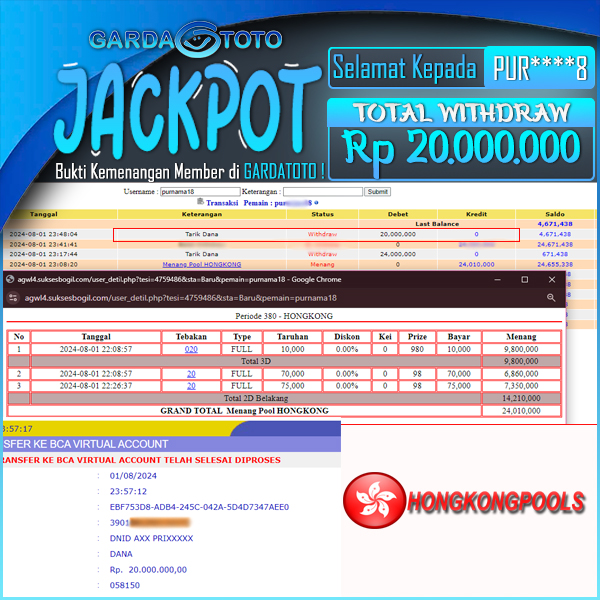 JACKPOT TOGEL DI PASARAN HONGKONG WD Rp 20.000.000,- DIBAYAR LUNAS