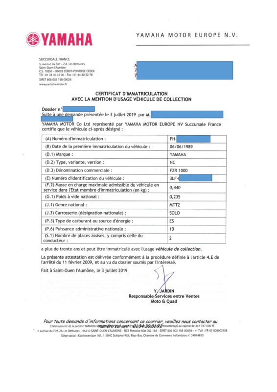 certificat Yam véhicule de collection anonymisé