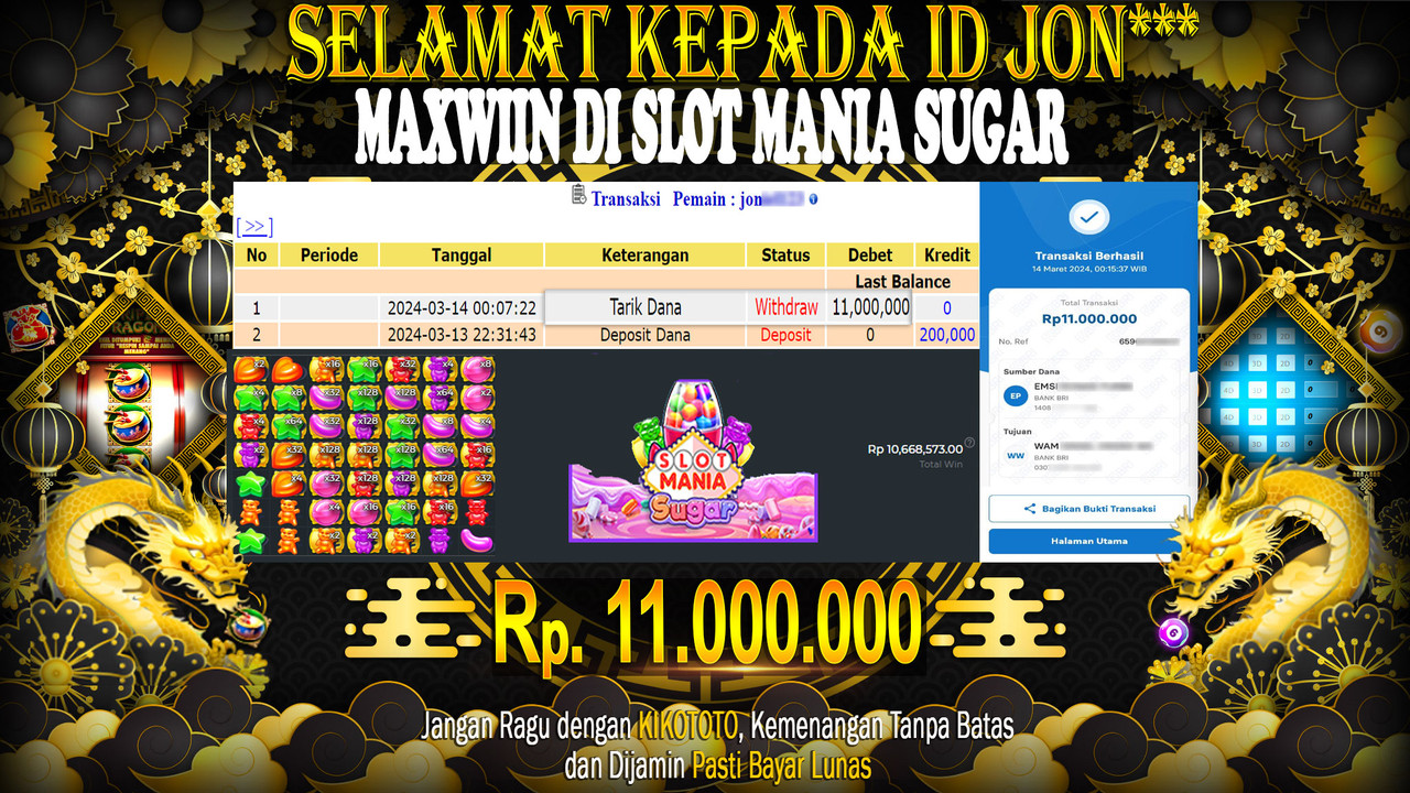 MANTAP !!! MENANG BESAR DI SLOT MANIA SUGAR SEBESAR Rp.11.000.000 LANGSUNG DI BAYAR LUNAS OLEH KIKOTOTO SECEPAT KILAT
