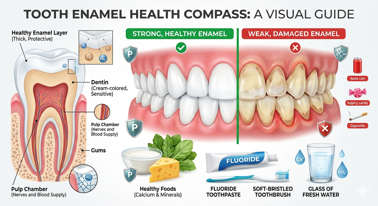 Complete guide illustration showing healthy tooth enamel and enamel protection habits