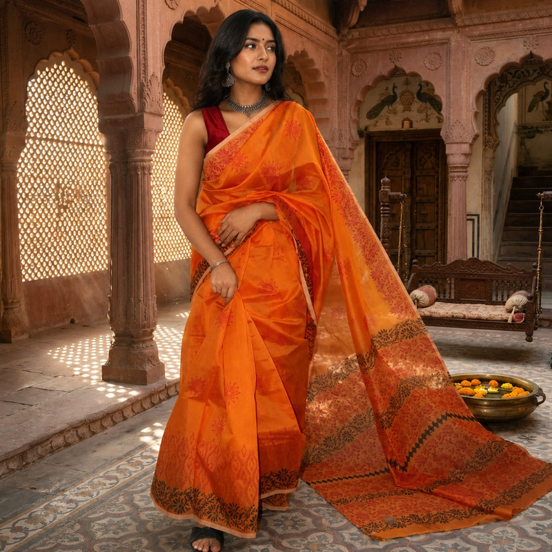 Hand Block Printed Orange Saree with Floral and Geometric Border