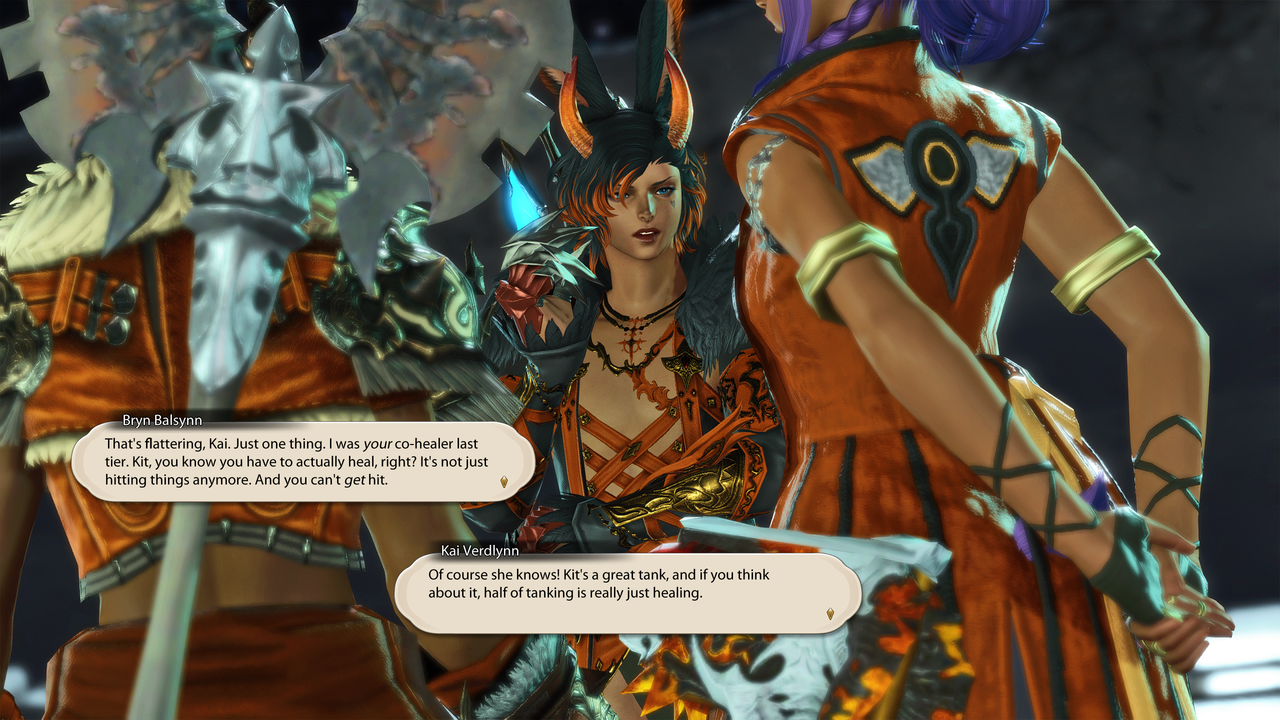 The shot focuses on Bryn, positioned between Kit and Kai, face turned toward Kit as they look skeptical. Text reads: Bryn Balsynn: That's flattering, Kai. Just one thing. I was your co-healer last tier. Kit, you know you have to actually heal, right? It's not just hitting things anymore. And you can't get hit. Kai Verdlynn: Of course she knows! Kit's a great tank, and if you think about it, half of tanking is just healing.