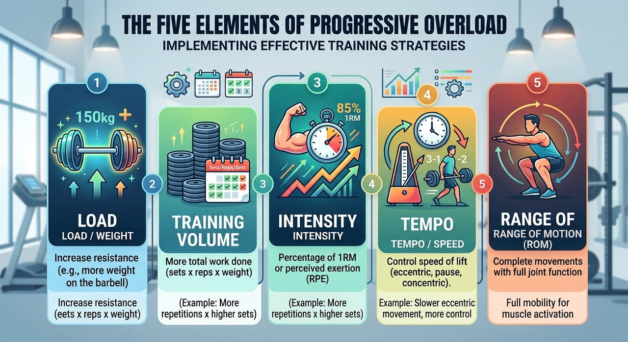 Infographic showing five progressive overload variables: load, volume, density, tempo, and range of motion for a custom workout plan