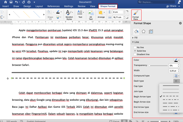 Ilustrasi cara membuat garis lurus di Microsoft Word.
