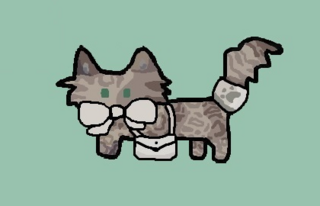 id start a drawing of kestrel with her bowtie, tail cozy, and bag. they have green eyes and are on a green background id end