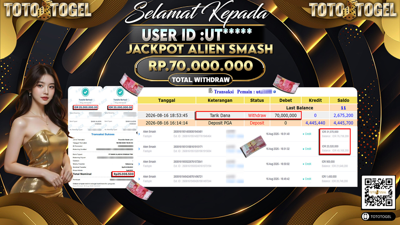Bukti Pembayaran Jackpot Slot Alien Smash ID:UT*****LUNAS
