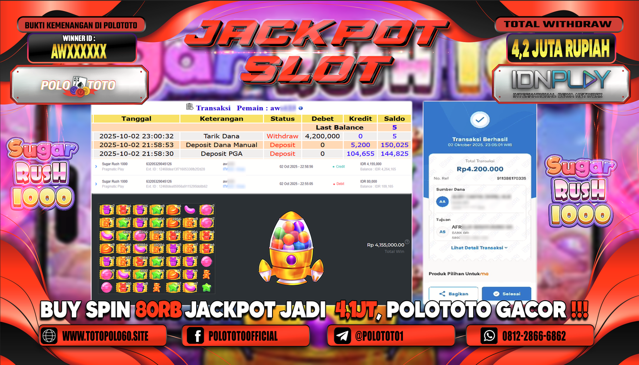 POLOTOTO JACKPOT SLOT SUGAR RUSH 1000 Rp.4.200.000,- LUNAS