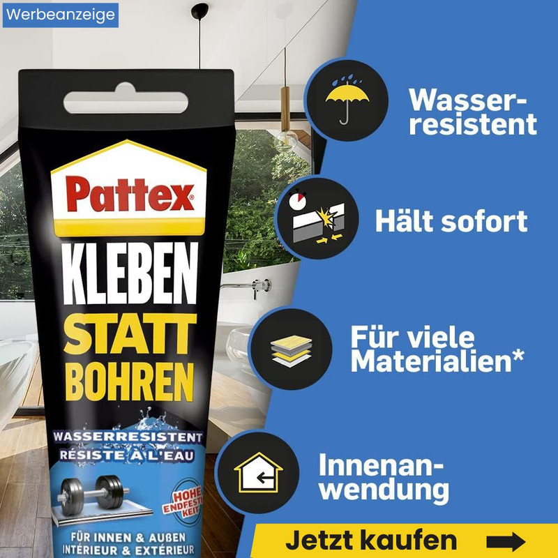 Pattex Montagekleber Kleben statt Bohren Wasserresistent, Kraftkleber für innen und außen, universell einsetzbarer Baukleber, Kleber mit hoher Festigkeit, 1 x 340g