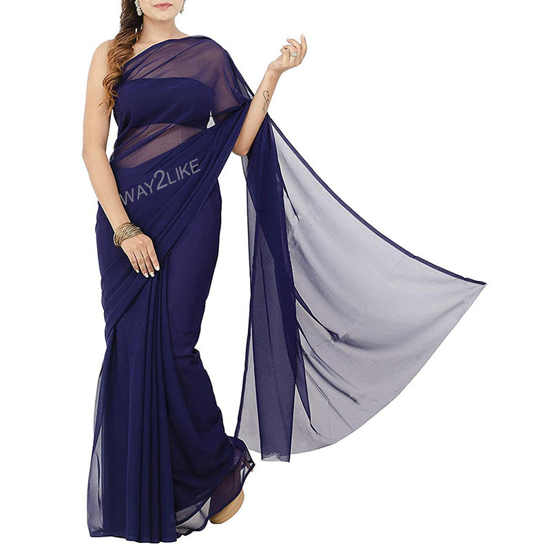Chiffon Plain Saree Blouse Indian Bollywood Party Wear Curtain Drape Dress Women - Picture 7 of 17