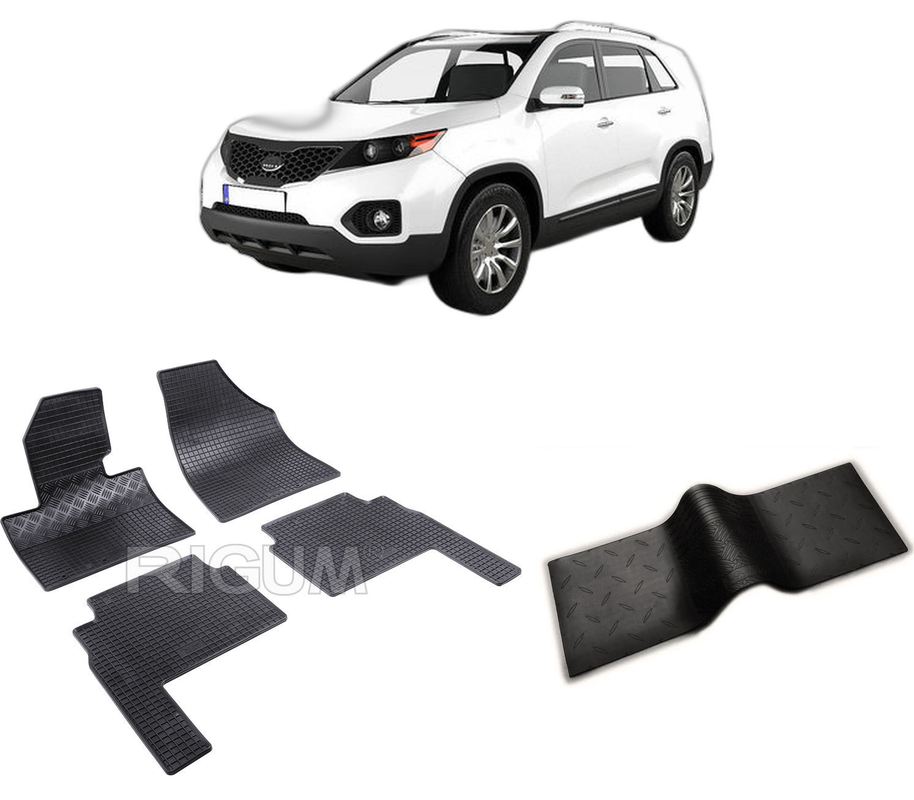 Set covorase auto KIA SORENTO II din 2009-01.2015, cu covoras tunel median, CAROSERIE SUV 5 LOCURI, Presuri cauciuc 100%, compatibil cu autoturismul KIA SORENTO II, Rigum