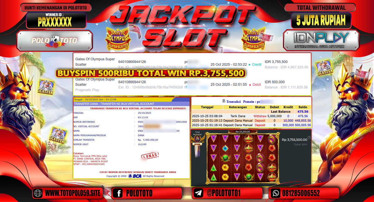 POLOTOTO JACKPOT SLOT GATES OF OLYMPUS SUPER SCATTER Rp.5.000.000,- LUNAS