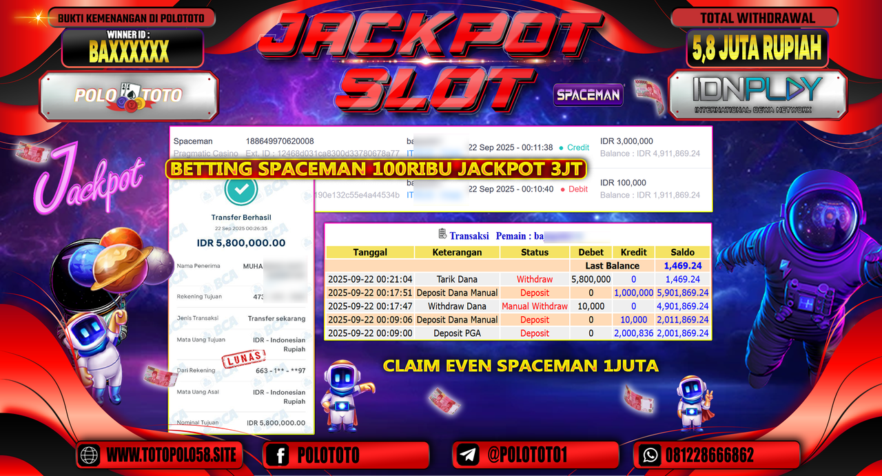 POLOTOTO JACKPOT SLOT SPACEMAN Rp.5.800.000,-
