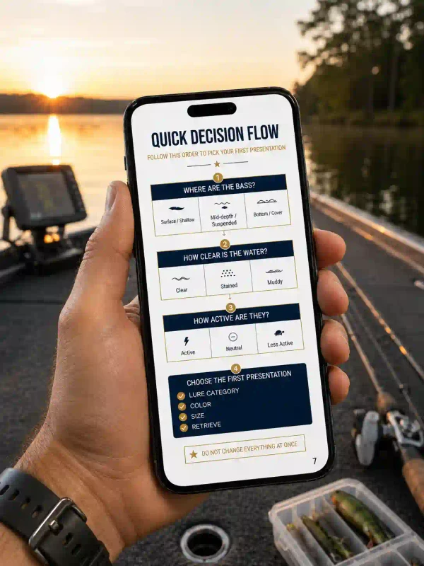 Bass angler using the Bass Bait Selector quick-decision flow