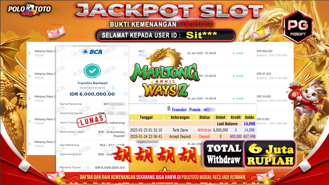 POLOTOTO JACKPOT SLOT MAHJONG WAYS 2 Rp.6,000.000,- 
