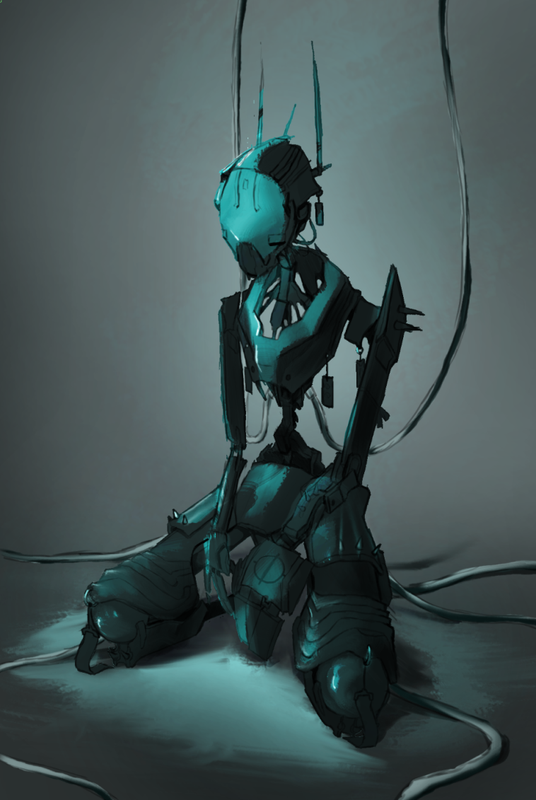 A robot, Blink, with a brown cloak on. Their arm is outstretched, and they seem to be between standing and kneeling. A black, tar-like substance seems to be emanating from the outstretched arm.