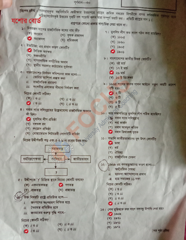 যশোর বোর্ড এইচএসসি পৌরনীতি ও সুশাসন ২য় পত্র MCQ প্রশ্ন সমাধান ২০২৩