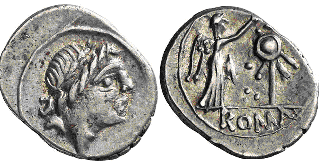 Quinario de Emérita Augusta, época de Augusto. P CARIS I LEG. Victoria coro 2