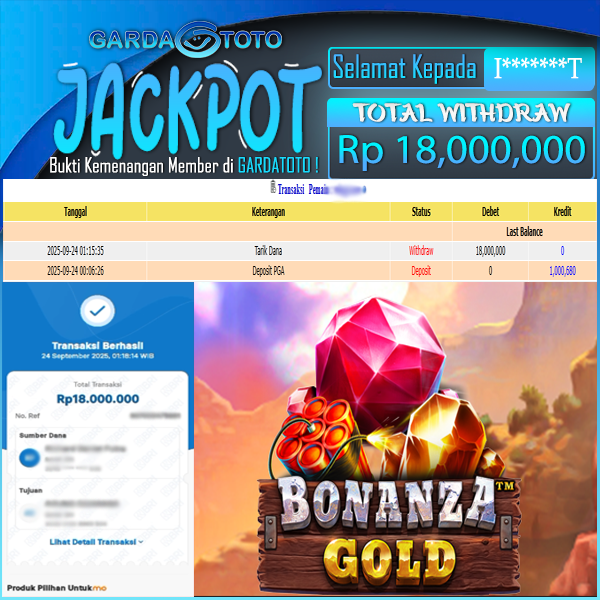 JACKPOT DI PERMAINAN SLOT BONANZA GOLD WD Rp18.000.000,- DIBAYAR LUNAS GARDATOTO MANTAP!