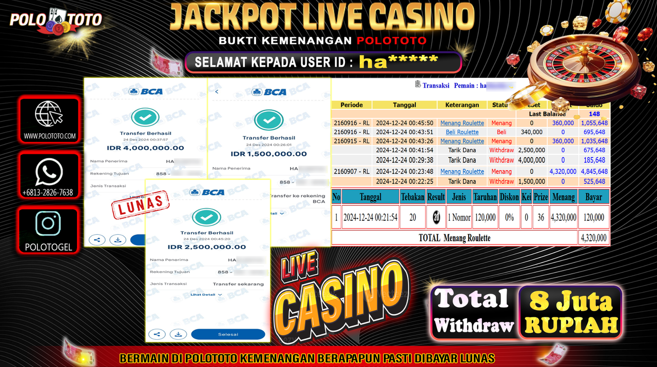 POLOTOTO JACKPOT LIVE CASINO ROULETTE Rp.8,000.000,-