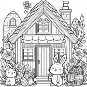 Cozy-Cottage-with-Rabbits-Coloring-Page