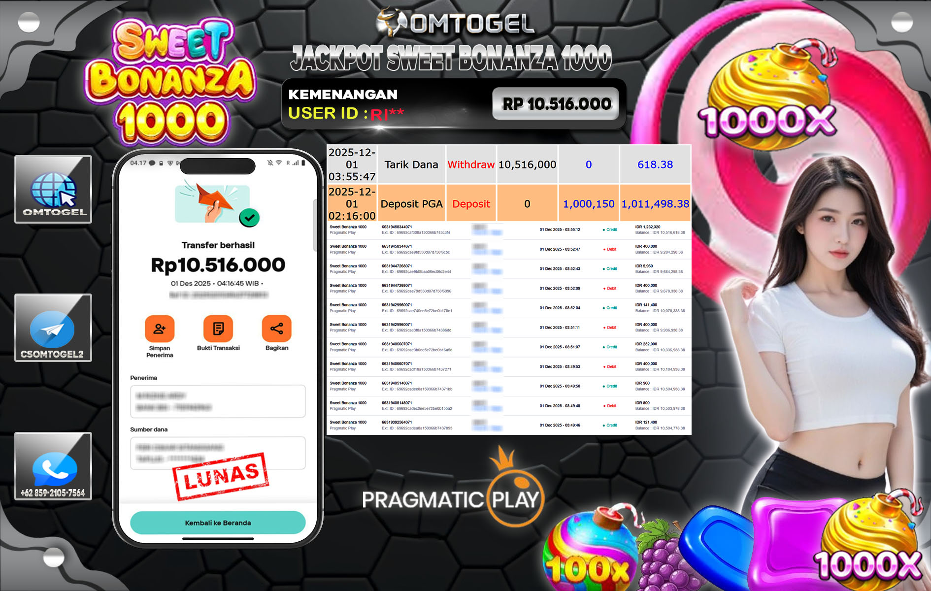 OMTOGEL JACKPOT PRAGMATIC PLAY SWEET BONANZA 1000, 10 JUTA DI BAYAR LUNAS ,-