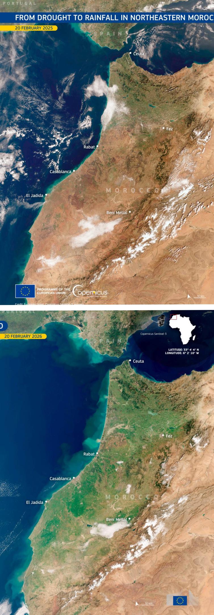 Copernicus Sentinel-3: comparativa sequ�a y lluvias noreste Marruecos 2025-2026