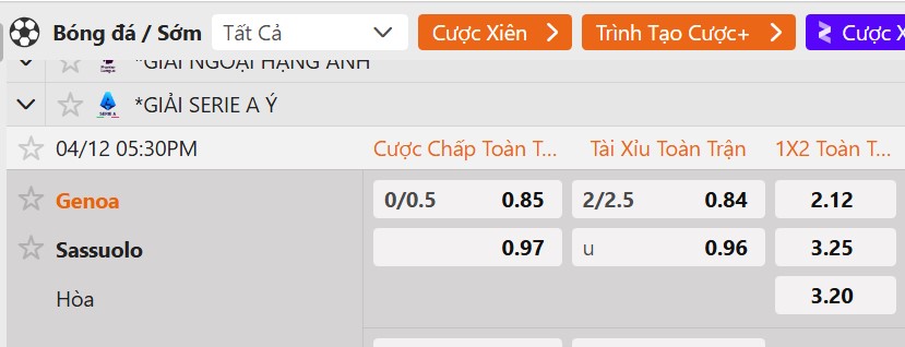 Tỷ lệ kèo Genoa vs Sassuolo