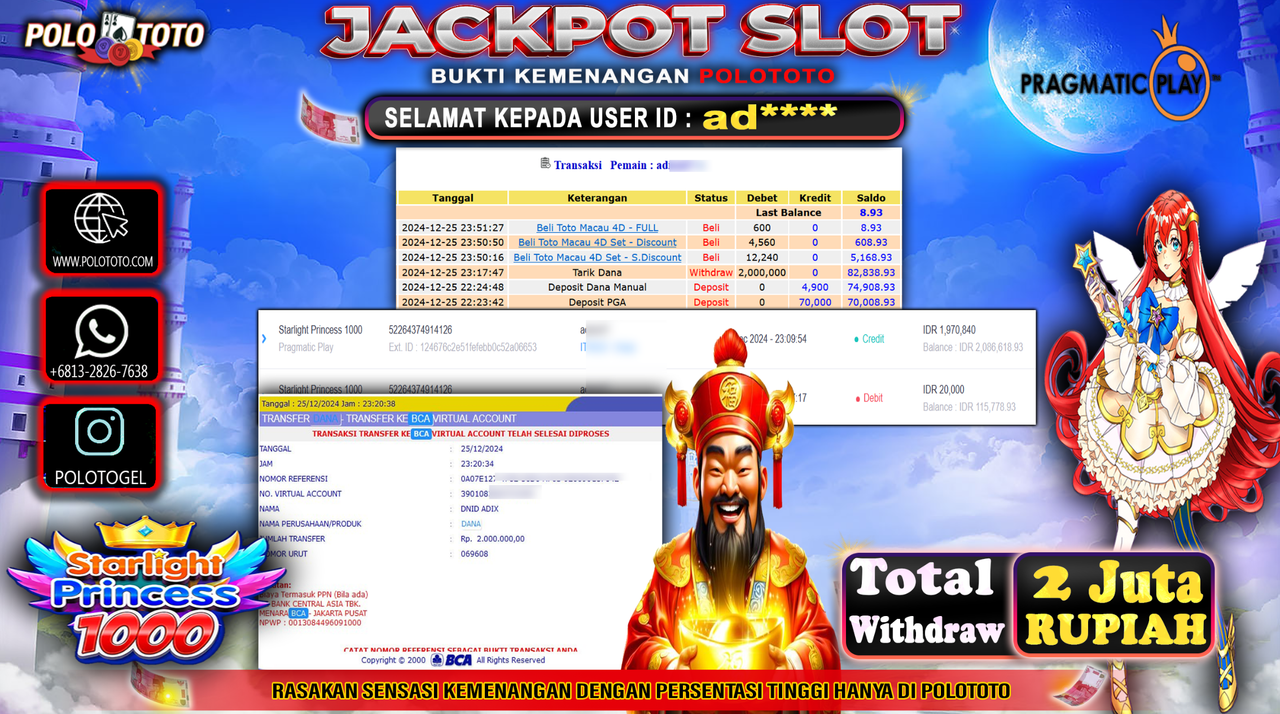 POLOTOTO JACKPOT SLOT STARLIGHT PRINCESS 1000 Rp.2,000.000,-