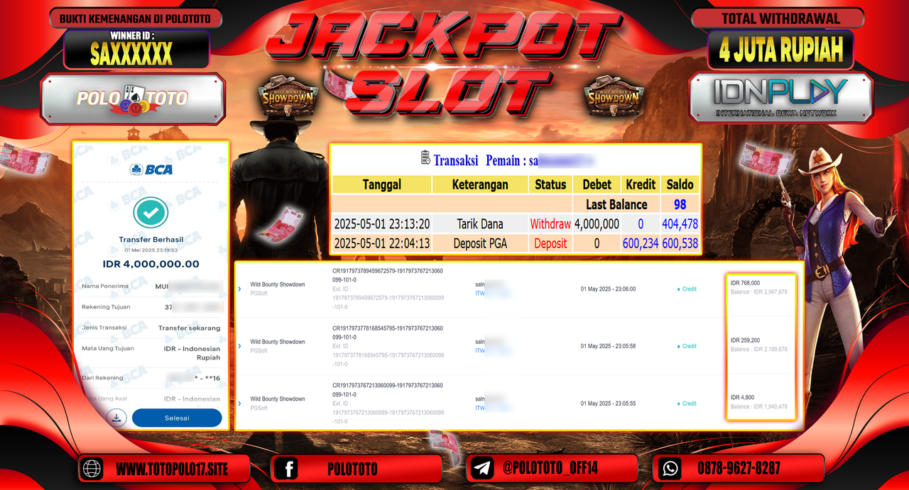 POLOTOTO JACKPOT SLOT WILD BOUNTY SHOWDOWN Rp.4.000.000,-