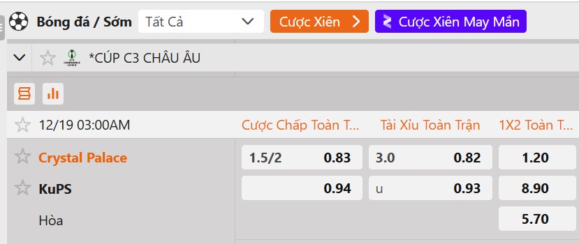 Tỷ lệ kèo Crystal Palace vs KuPS