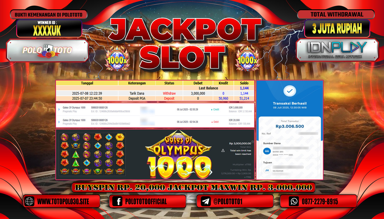 POLOTOTO JACKPOT SLOT GATES OF OLYMPUS 1000 Rp.3.000.000,- LUNAS
