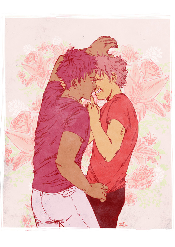 rough art in shades of bright pink. Abe is leaning over Mihashi with a hand tugging on his shirt, both of them smiling.