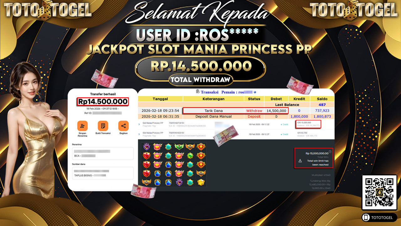 Bukti Pembayaran Jackpot Permainan Slot Mania Princess PP ID:ROS*****LUNAS