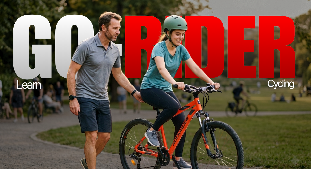 Patient outdoor two-wheeler riding training with an encouraging student coach session