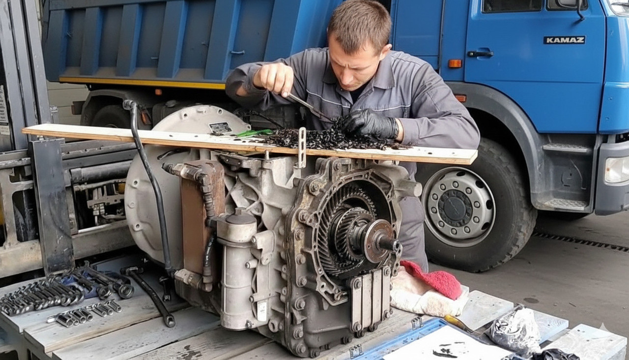 Механик ремонтирует коробку передач на фоне грузовика