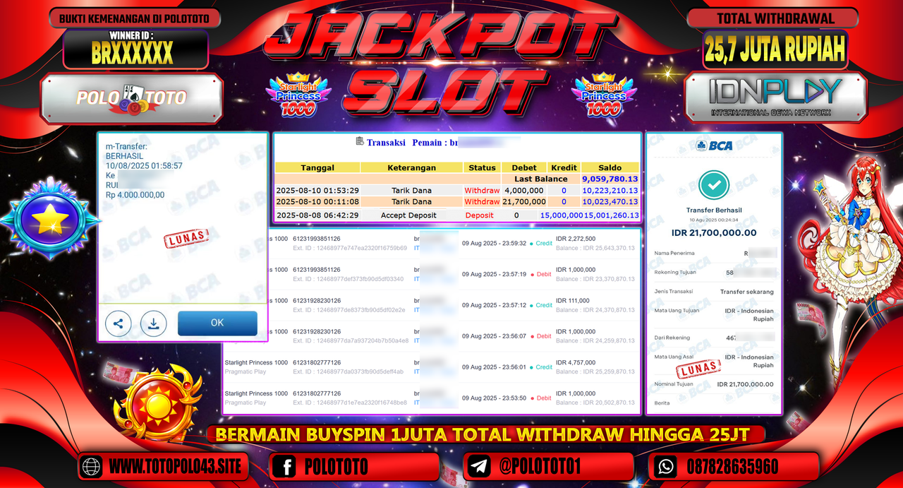 POLOTOTO JACKPOT SLOT STARLIGHT PRINCESS 1000 Rp.25.700.000,-LUNAS
