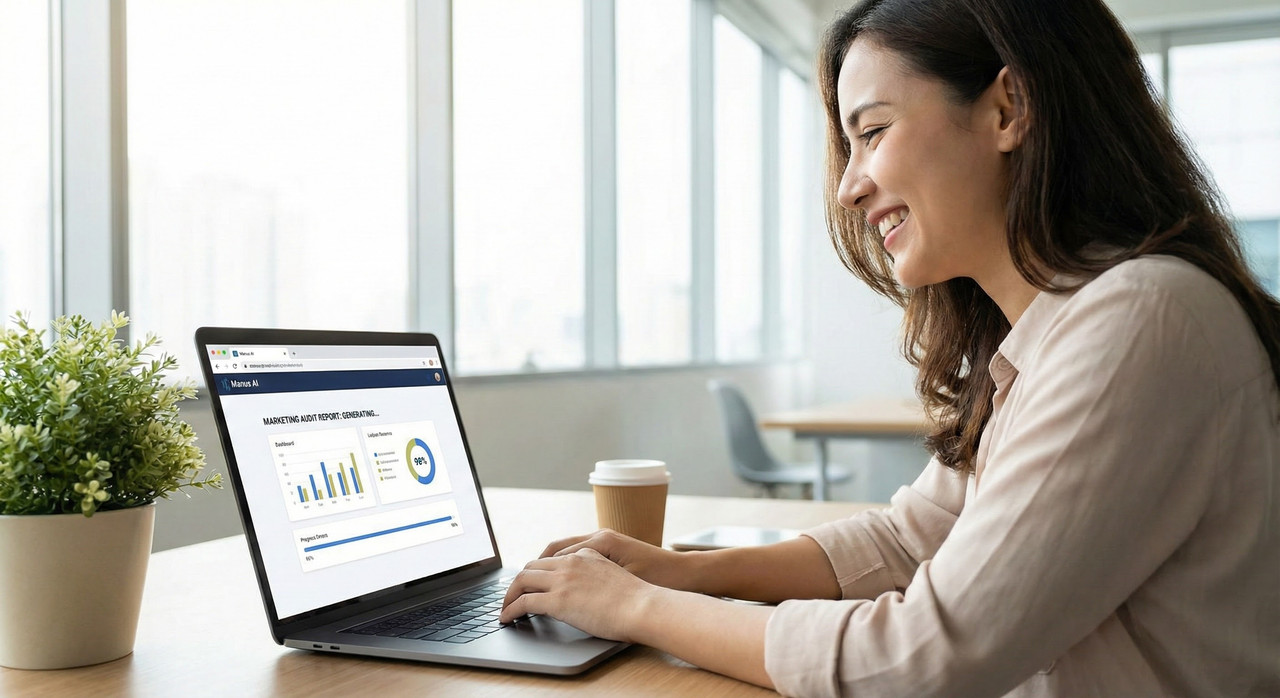 Successful marketer watching Manus AI complete an autonomous marketing audit