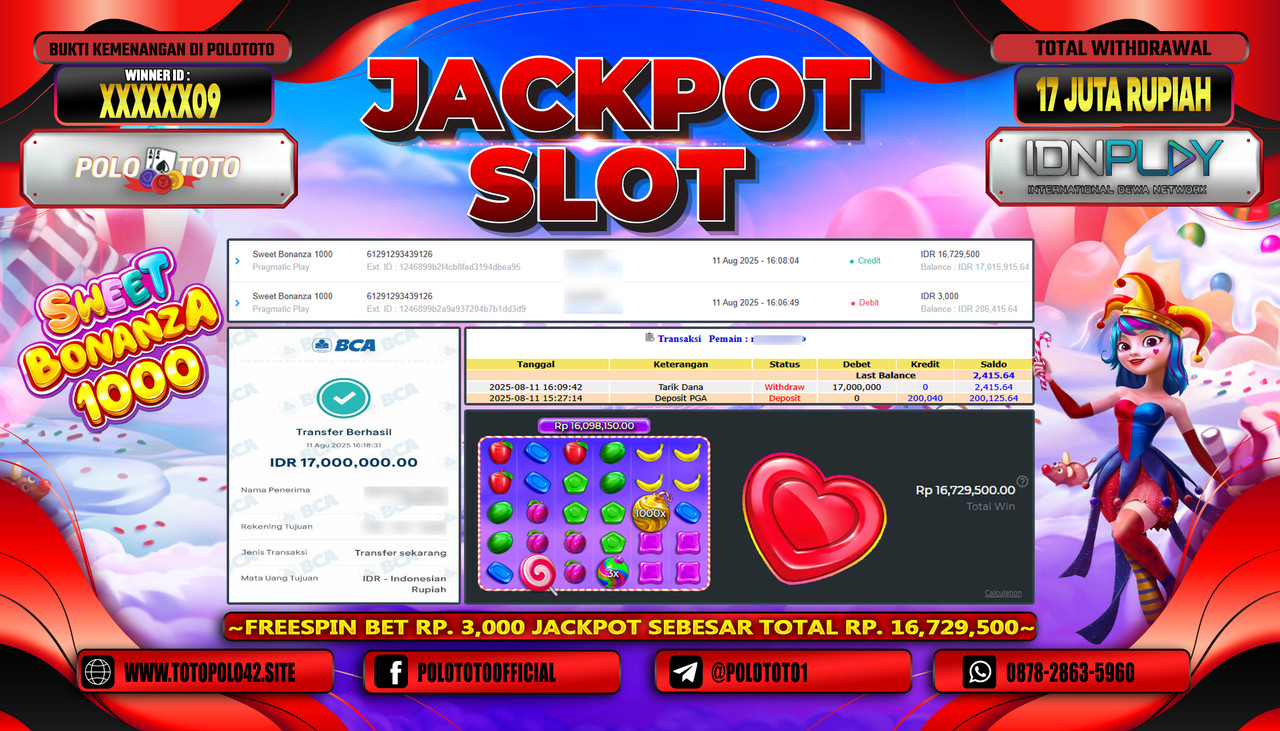 POLOTOTO JACKPOT SLOT SWEET BONANZA 1000 Rp.17.000.000,-LUNAS