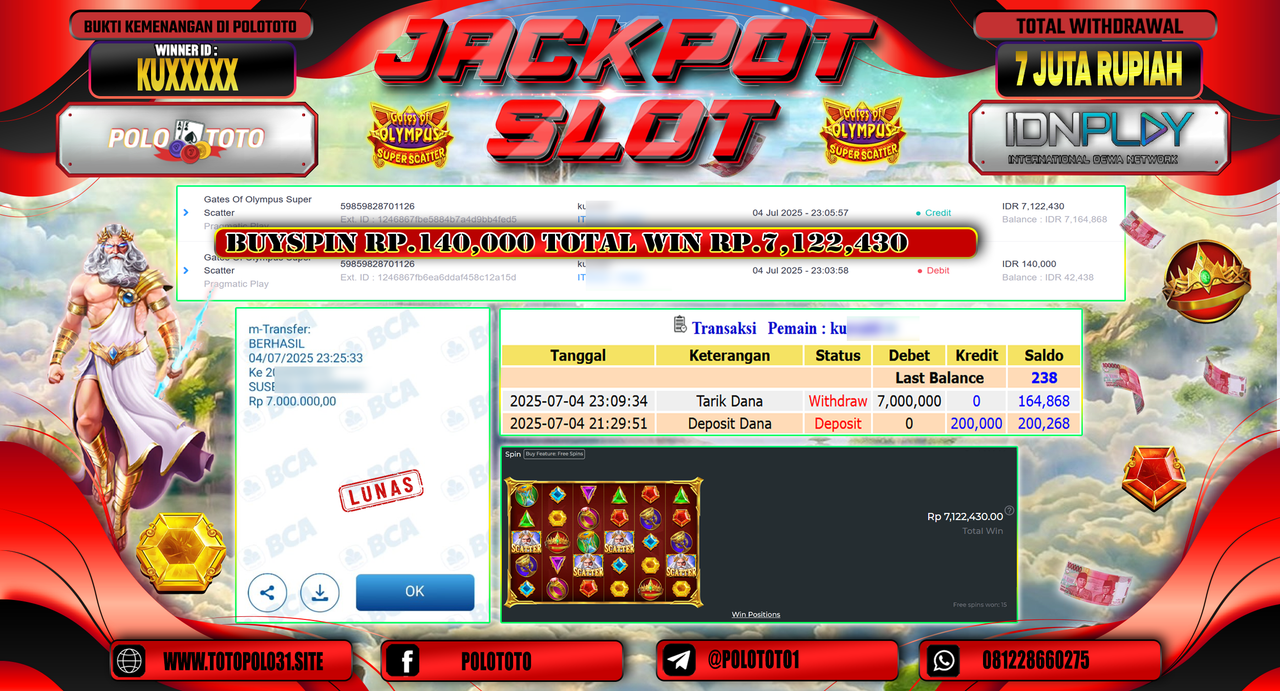 POLOTOTO JACKPOT SLOT GATES OF OLYMPUS SUPER SCATTER Rp.7.000.000,-