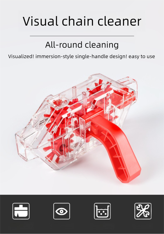 Red Transparent Bicycle Chain Cleaner with Visualization Design - Immersion Wash Tool for Road & Mountain Bikes + Bonus Cleaning Brush