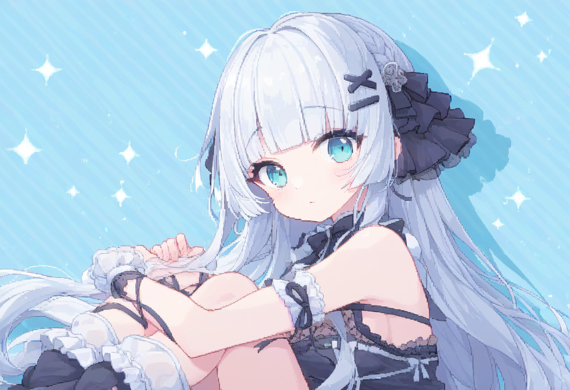 1girl, striped background, aqua eyes, long hair, hime cut, white hair, short ban s-668317983