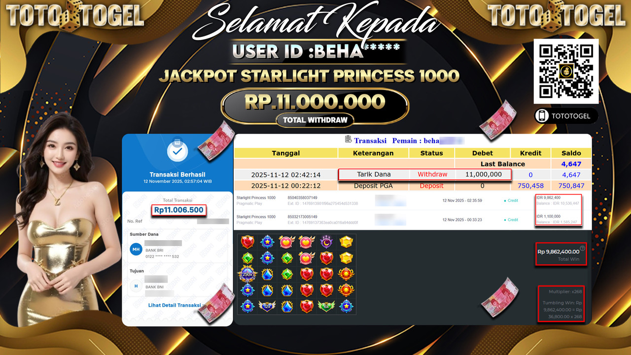 Bukti Pembayaran Jackpot Permainan Slot Starlight Princess 1000 ID:BEHA**** LUNAS