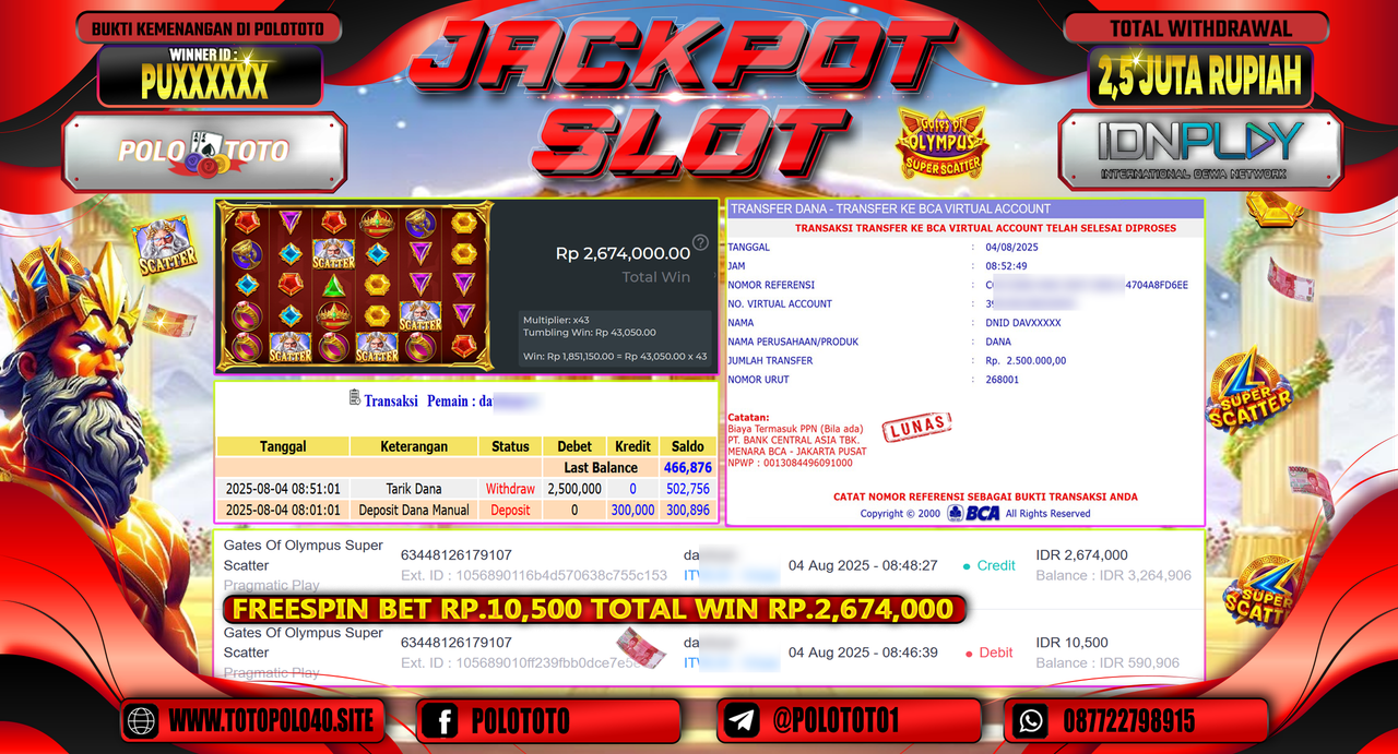POLOTOTO JACKPOT SLOT GATES OF OLYMPUS SUPER SCATTER Rp.2.500.000,-LUNAS