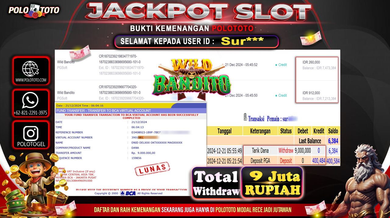 POLOTOTO JACKPOT SLOT WILD BANDITO Rp.9,000.000,-