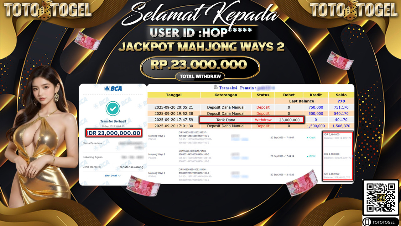 Bukti Pembayaran Jackpot Permainan Slot Mahjong Ways 2  ID:HOP*** LUNAS