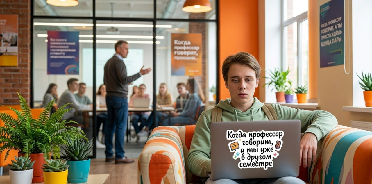 a real student sitting in a modern university lounge area