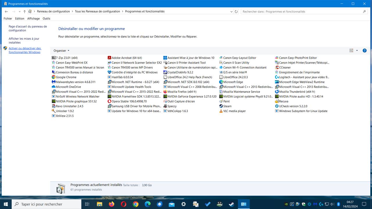 MES PROGRAMMES ET ACTIVER OU DESACTIVER LES FONCTIONS WINDOWS