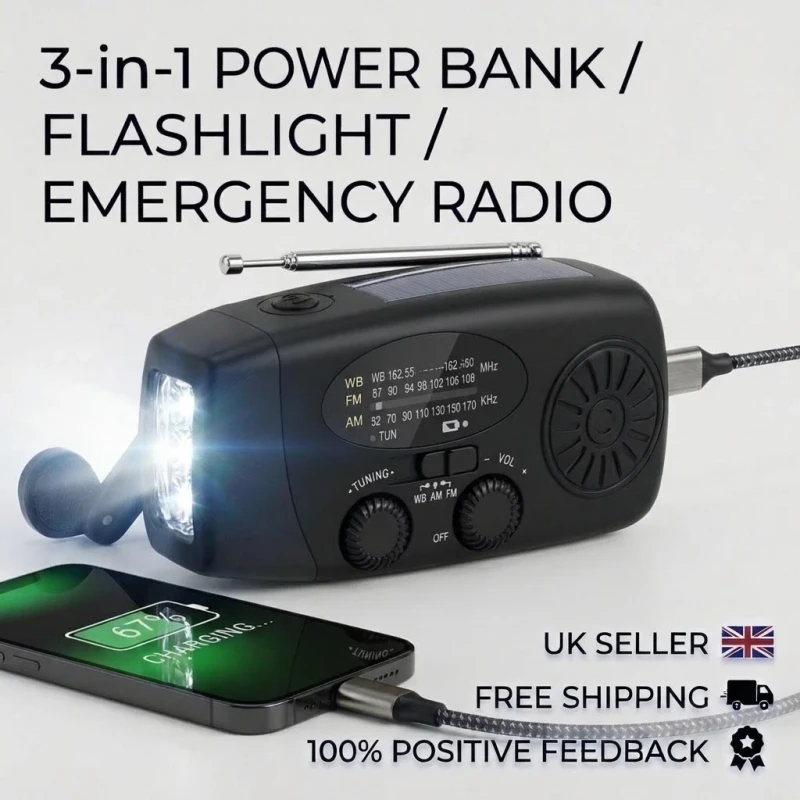 Hand crank emergency radio showing its portable design and emergency preparedness features