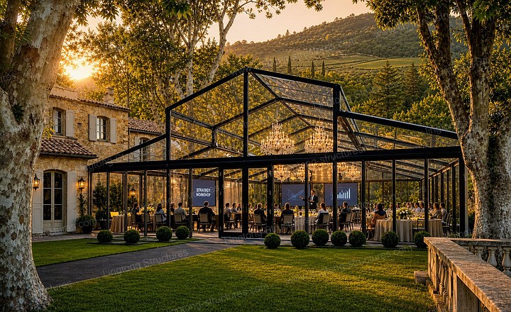Wedding ceremony setup inside atrium tent with seating facing the vineyard